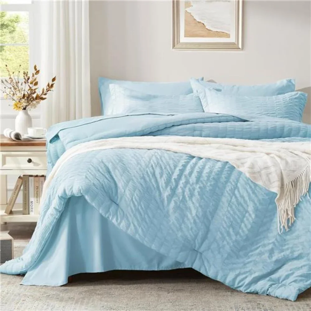 New Full Comforter Set 7 Pieces, Light Blue Seersucker Bed in a Bag